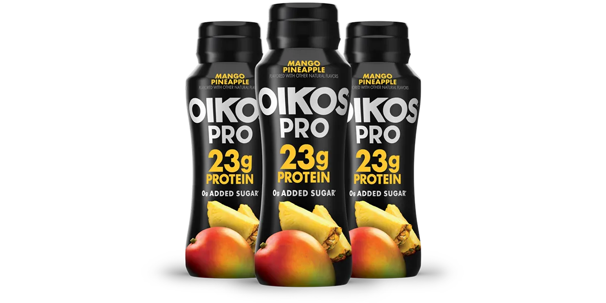 mango-pineapple flavored Oikos Pro protein drink