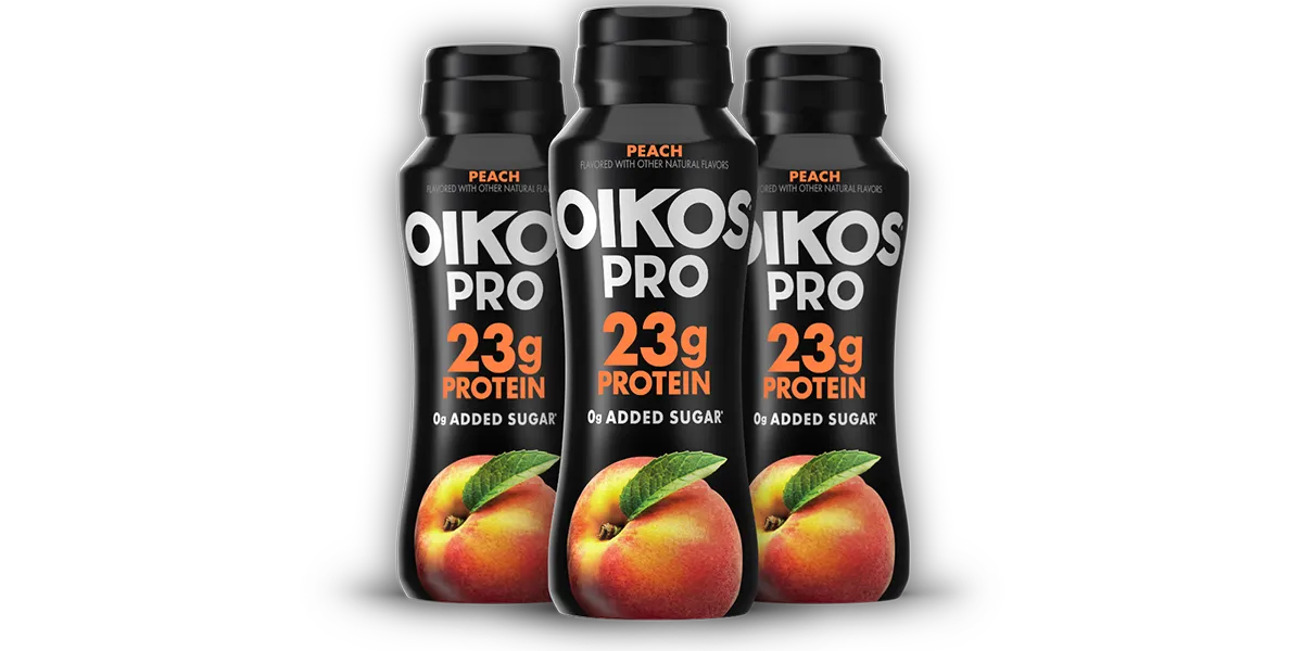 Peach-flavored Oikos Pro protein drink