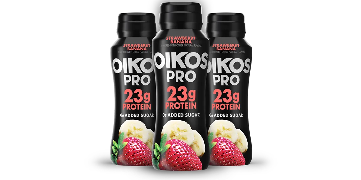 Strawberry banana-flavored Oikos Pro protein drink