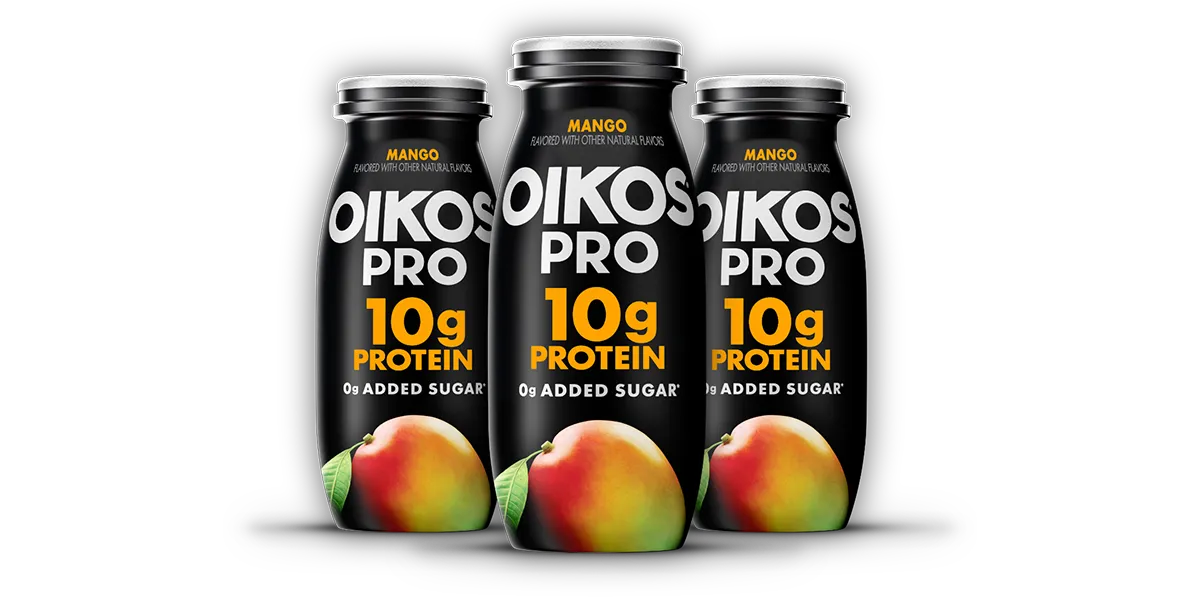 Six-pack of mango-flavored Oikos Pro protein shots