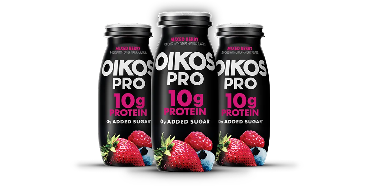 Six-pack of mixed-berry-flavored Oikos Pro protein shots