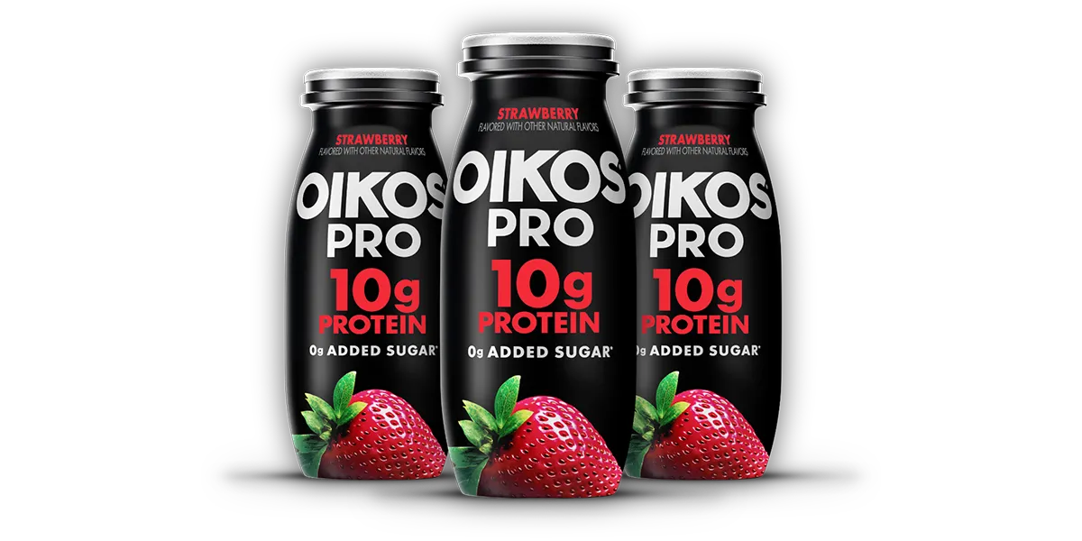 Six-pack of strawberry-flavored Oikos Pro protein shots